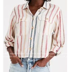 American Eagle Crop Linen Striped Button Down Shirt M